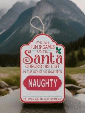 SANTA CLAUS: CHRISTMAS: NAUGHTY OR NICE: HANGING FLIP SIGN: WHITE: BRAND NEW